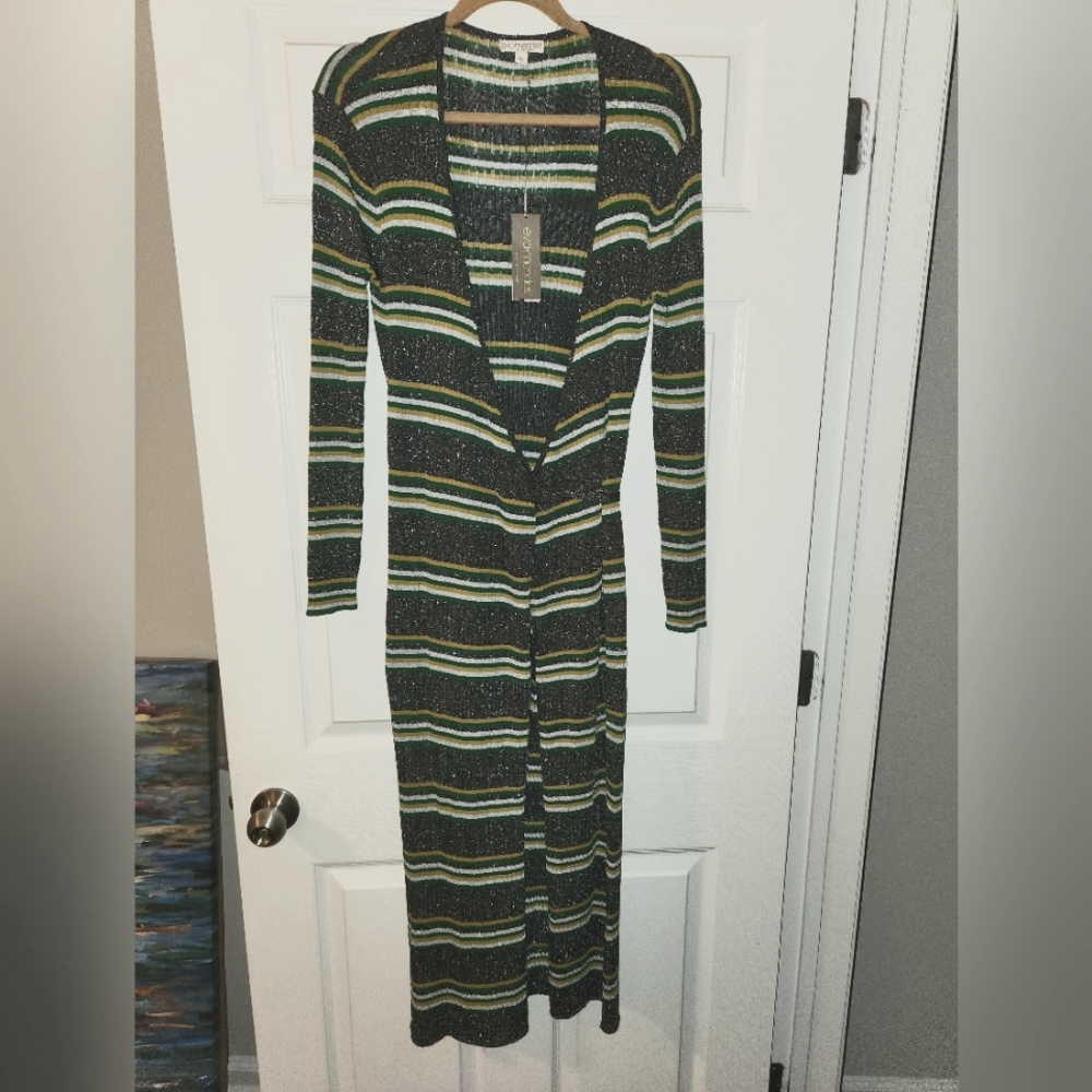 Sparkly silver striped Eva Mendes NY&C midi knit wrap dress.